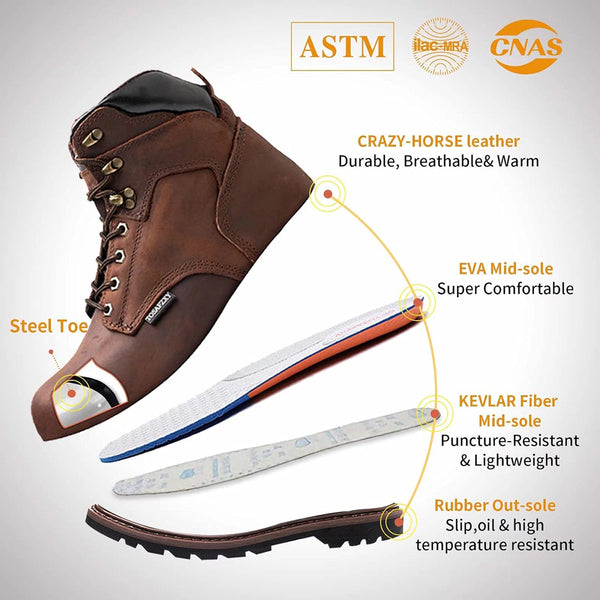 Men's Steel Toe Work Boots Leather Safety Shoes Non-Slip Industrial Work Shoes Goodyear Constructions Boots